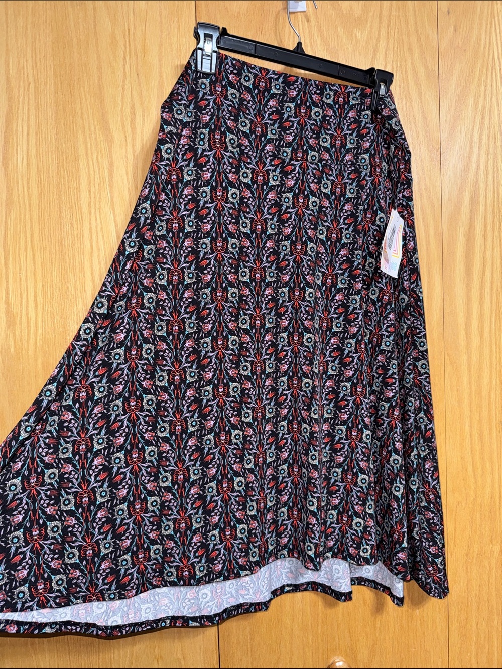 LuLaRoe Azure Black A-line Skirt with Orange, Lavender & Teal Floral Pattern